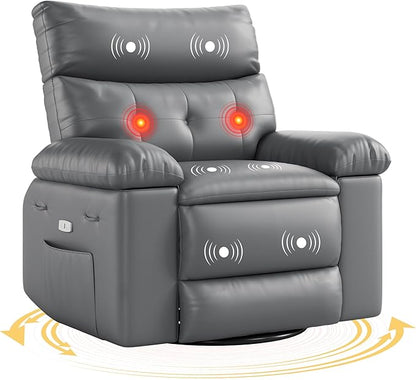Oversized Power Recliner Chair - Electric 360° Rocker Swivel Recliner with Heat and Massage, PU Leather Large Recliners for Adults, Comfortable Lazy Chair with 1.5X Sponge Filling