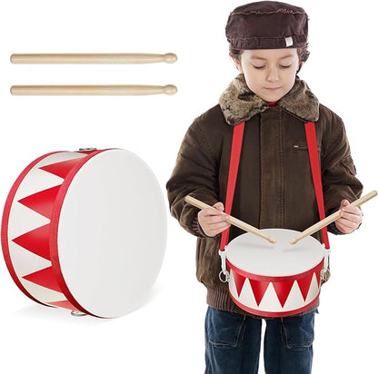 Kids Drum Set 7.87 in Wooden Toy Drum with Adjustable Strap 2 Drumsticks Educational Sensory Musical Instrument Set for Toddlers Kids Baby Toy Gift(Red Triangle Style)