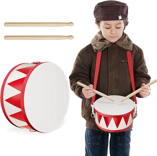Kids Drum Set 7.87 in Wooden Toy Drum with Adjustable Strap 2 Drumsticks Educational Sensory Musical Instrument Set for Toddlers Kids Baby Toy Gift(Red Triangle Style)