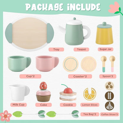 GAGAKU Wooden Tea Set for Kids, Wood Tea Party Set for Little Girls Wooden Coffee Afternoon Tea Toys Play Food forToddler Pretend Play Kitchen Accessories for Kids