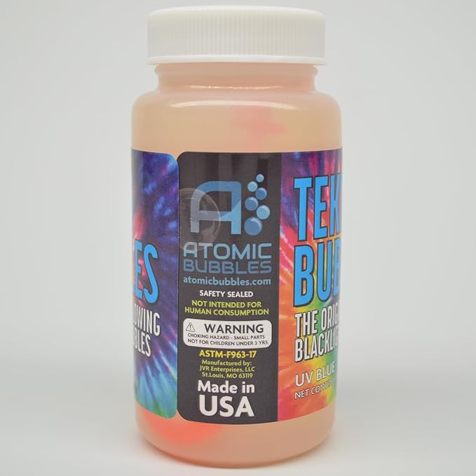 Atomic Bubbles: Tekno Bubbles - Blue 6 Pack - 4oz Bottles, UV Blacklight Glow Bubbles, Glow Parties, Indoor & Outdoor, Safe for Kids, Non-Toxic