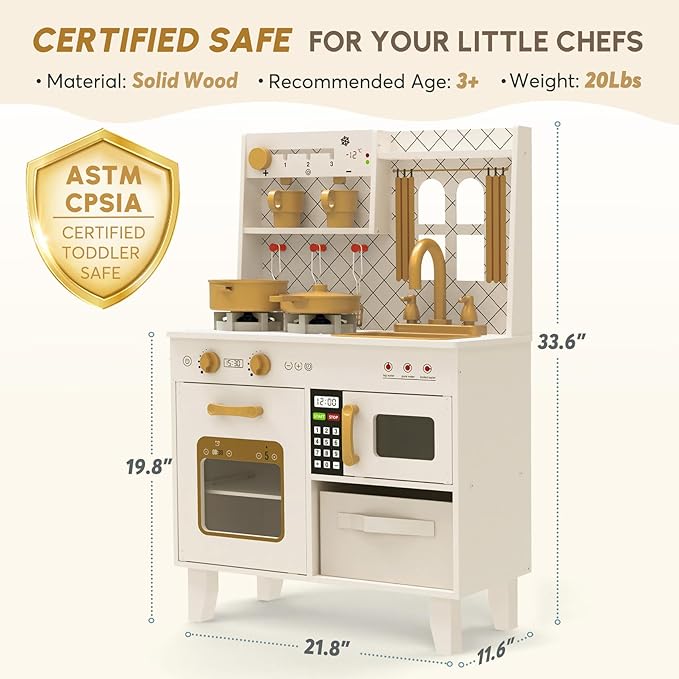 BIERUM Play Kitchen with Realistic Lights & Sounds, Wooden Kitchen Playset Chef Pretend Play Set for Toddlers, Toy Kitchen with 26 Pcs Toy Food & Cookware Accessories, Gift for Ages 3+