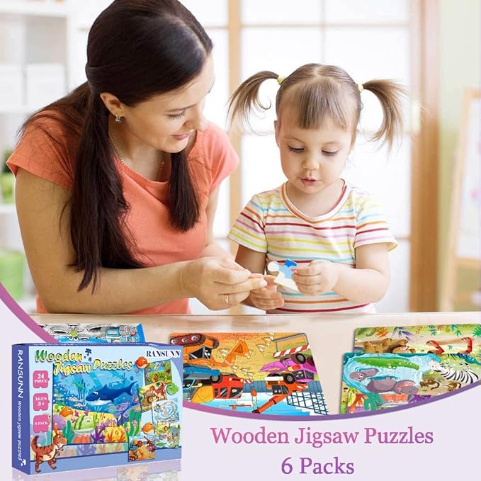 Puzzles for Kids Ages 3-5, 24 Piece Colorful Wooden Puzzles for Toddler Children Learning Educational Puzzles Toys for Boys and Girls (6 Puzzles)