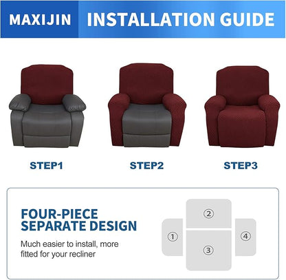 MAXIJIN Oversized Recliner Covers That Stay in Place 4 Pieces Stretch Large Recliner Chair Covers Jacquard Dogs Cats Proof Reclining Slipcovers with Elastic Bottom (XL Recliner, Wine Red)