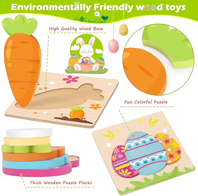 Easter Toys Gifts for Kids Toddlers - 4 Pack Wooden Puzzles with Rabbits, Carrots, Chicks, Eggs Design, Easter Party Favors for Boys Girls, Kids Classroom Exchange Gifts - Educational Preschool Toys