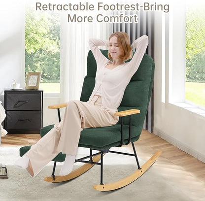 Rocking Chair with Footrest-Glider Rocker Chair with Retractable Footrest and Adjustable Backrest, Teddy Upholstered Rocking Chair Set of 2, Accent Chair for Living Room/Nursery/Bedroom/Outdoor-Green