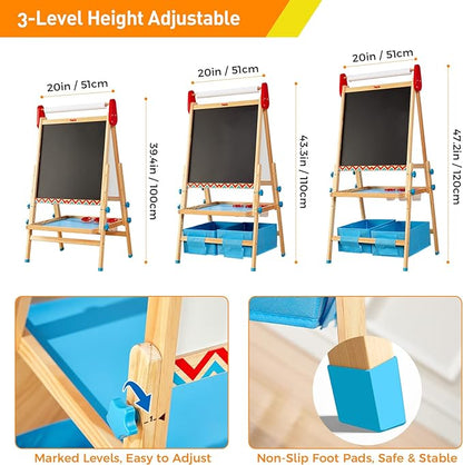 FUNLIO Anti-Warping Kids Art Easel, 3 Height Adjustable for Kids Aged 2-8, All-in-One Toddler Easel with Paper Roll & Erasable Frame, Standing Easel with Magnetic Chalkboard/Whiteboard (Blue)