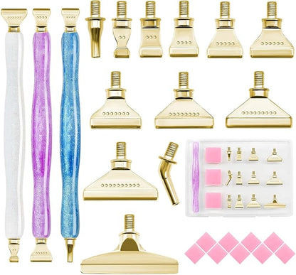 MuitoFeliz 24PCS DIY Diamond Art Pen Painting Tool Set - Metal Threaded Tip Accessories Gem Resin Dotting Pen Supplies Kit (Three Pen + 12 Tips + 9 Dotting Clay)