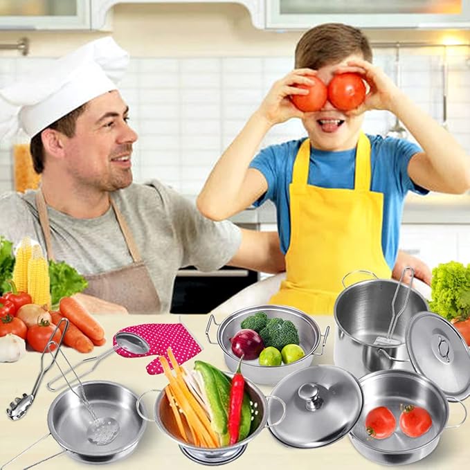 Cookware Pots and Pans Play Set with Cooking Mini Stainless-Steel Kitchen Cooking Utensils Toys,Pretend Toys for Kids, Educational＆Development Toy Kitchen Playset Accessories for Kids Ages 3+