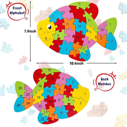 LovesTown Goldfish Wooden Puzzle, 26PCS Jigsaw Puzzle Alphabet and Number Building Blocks for Kids Toddler Preschool