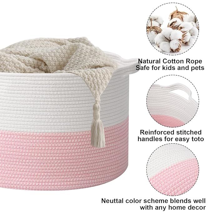 90L Extra Large Pink Woven Cotton Rope Basket with Handles, Kids Nursery Laundry Hamper for Toys, Blankets, Pillows & Comforters, Cute Storage Bin for Bedroom & Playroom