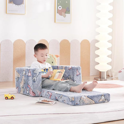 Tiita Kids Chair Couch, Folding Toddler Comfy Sofa Chairs, 2-in-1 Kids Plush Sofa Fold Out, Baby Armrest Chair Sofa to Lounger, Convertible Play Sofas to Bed for Girl or Boy, Vehicles