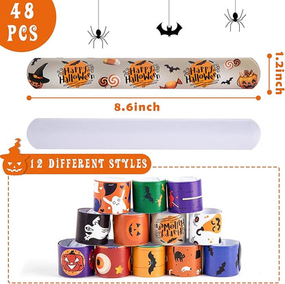 LovesTown Halloween Slap Bracelets, 48PCS Kids Slap Wristbands Snap Bracelets Ghost Jack o Lantern Bat Spider for Halloween Party Goodie Bag Fillers