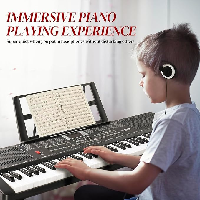 Ktaxon 61 Key Keyboard Piano Electric Keyboard w/Lighted Keys, Electric Piano Set with Headphones, Microphone, Music Rest, Power Adapter, Stand, Piano Bench and Manual (Full-Black)
