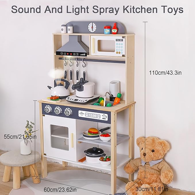 BESTATMTOY Kitchen for Kids, Wooden Kids Play Kitchen Playset Chef Pretend Play Set for Toddlers with Real Lights & Sounds, Toys Kitchen with Toy Food & Cookware Accessories