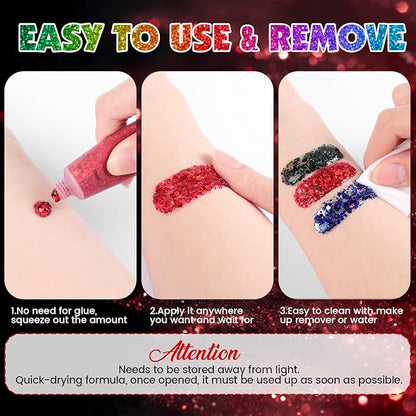 AROIC Face Glitter, 14Pcs St Patricks Day Accessories, Body & Hair Glitter Gel Sparkle Makeup Party Rave Outfits, Concerts Festival Face Paint，Rave Accessories Music Festivals Black Light Party