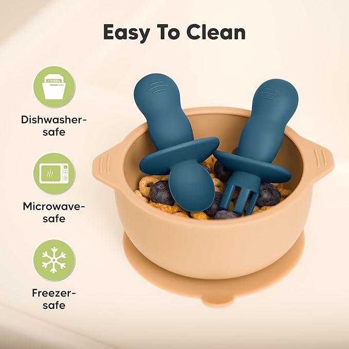 KeaBabies 4-Pack Silicone Baby Spoons and Forks Set - Baby Spoon Self Feeding, BLW Baby Utensils 6-12 Months,Baby Led Weaning Feeding Spoon,Teething Infant Baby First Food Training Pre Spoon (Valiant)