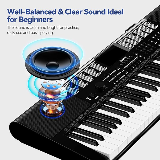 Keyboard Piano 61 Keys, Electric Piano Keyboard Kit with 255 Voices, 255 Rhythms, Powered by Power Adapter or Battery with LCD Display, Includes Sheet Music Stand, Piano Note Stickers, Earbuds (BLACK)