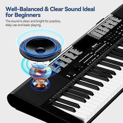 Keyboard Piano 61 Keys, Electric Piano Keyboard Kit with 255 Voices, 255 Rhythms, Powered by Power Adapter or Battery with LCD Display, Includes Sheet Music Stand, Piano Note Stickers, Earbuds (BLACK)