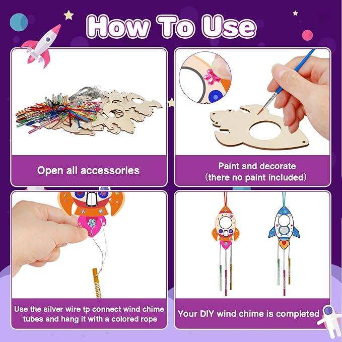 Fennoral 12 Pack Wind Chime Kit for Kids Make Your Own Rockets Wind Chime Craft Wooden Arts and Crafts for Girls Boys DIY Coloring Rockets for Art Activity Birthday Party Decoration