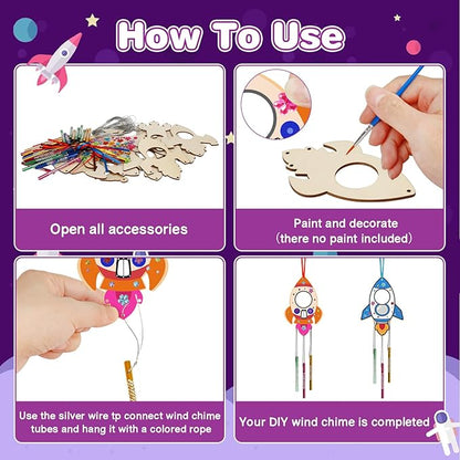 Fennoral 12 Pack Wind Chime Kit for Kids Make Your Own Rockets Wind Chime Craft Wooden Arts and Crafts for Girls Boys DIY Coloring Rockets for Art Activity Birthday Party Decoration