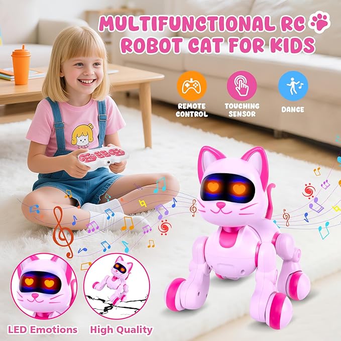 Robot Cat Interactive Toys for Girls: Remote Control Electronic Pink Kitty Pet for Kids Age 3-5 4-6 Gifts for 3 4 5 6 7 8 Year Old Girls RC Toys with Touch Sensing Gestures Birthday Gift Ideas