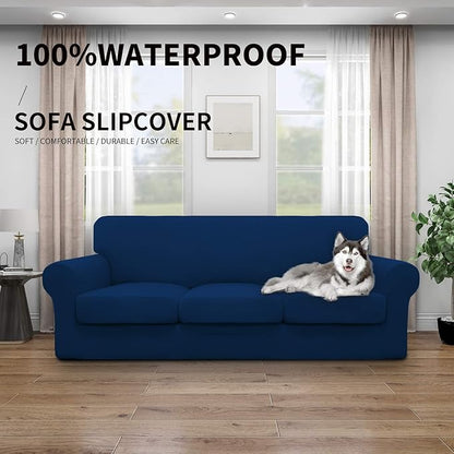 Easy-Going 100% Dual Waterproof Stretch Soft Couch Cover for Dogs, Sofa Slipcover for 3 Separate Cushion Couch Leakproof Furniture Protector for Kids, Pets Navy
