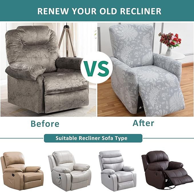 NILUOH Stretch Recliner Cover 4 Pieces Electric Power Lift Recliner Chair Cover Reclining Couch Cover Anti-Slip Fitted Furniture Protector with Side Pocket