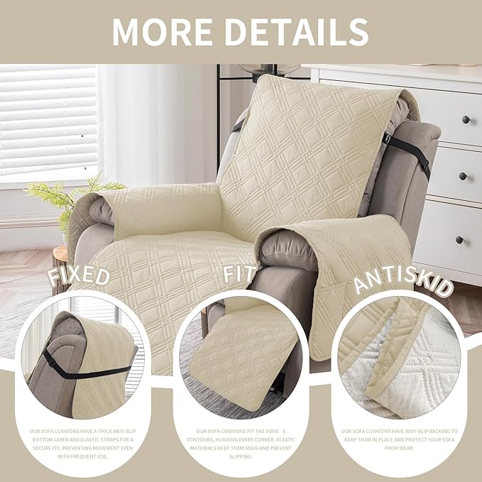 Easehomey 100% Waterproof Recliner Chair Covers, Non Slip Dog Chair Cover Furniture Protector Washable Chair Cover with Pocket, Elastic Straps for Kids,Pets,Dogs (Beige, 23.6")