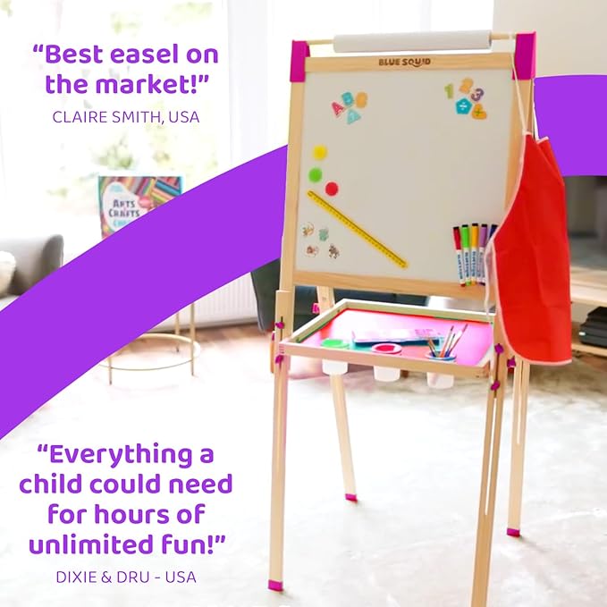 Blue Squid Art Easel for Kids - Dual-Sided Adjustable Wooden Painting Easels, Ideal Christmas Gift for Toddlers and Kid - with Magnetic Chalk Board, White Board & Paper Roll, Includes 100+ Accessories