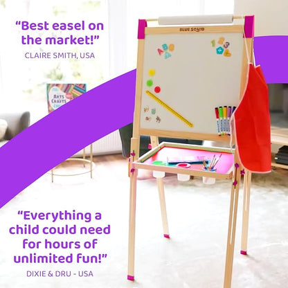 Blue Squid Art Easel for Kids - Dual-Sided Adjustable Wooden Painting Easels, Ideal Christmas Gift for Toddlers and Kid - with Magnetic Chalk Board, White Board & Paper Roll, Includes 100+ Accessories