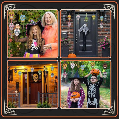 Fennoral 9 Pack Skull Wind Chime Kit for Kids Make You Own Day of The Dead Wind Chime Hanging Ornaments DIY Coloring Wooden Halloween Crafts for Boys Girls Halloween Party Decoration