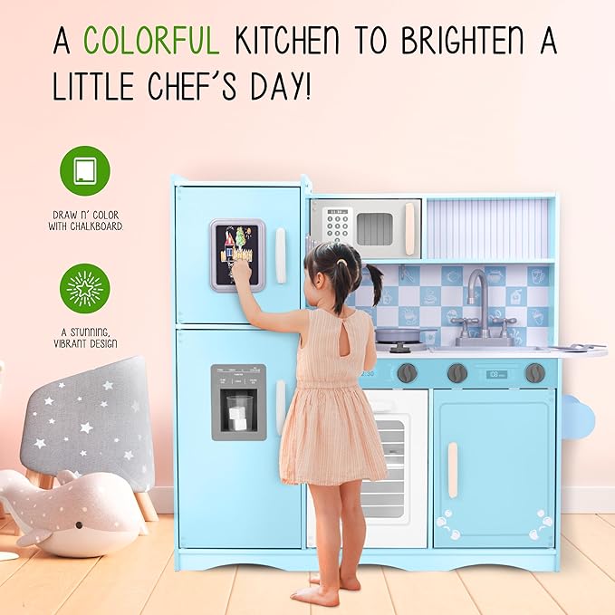 Lil' Jumbl Kids Kitchen Set, Pretend Wooden Play Kitchen with Chalk Board, Play Phone, Towel Rack & Ice Dispenser, Clicking Knobs, Pots & Utensils Included - Blue