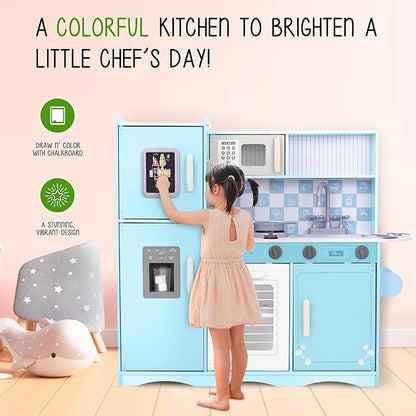 Lil' Jumbl Kids Kitchen Set, Pretend Wooden Play Kitchen with Chalk Board, Play Phone, Towel Rack & Ice Dispenser, Clicking Knobs, Pots & Utensils Included - Blue