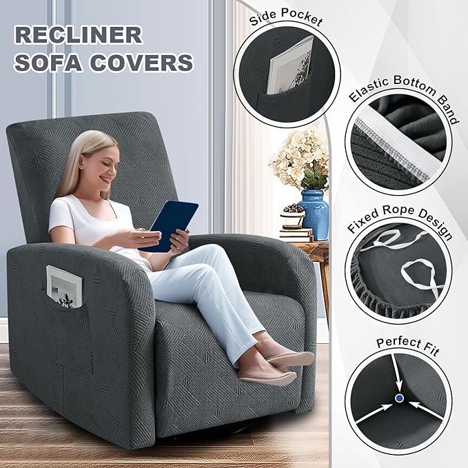 JIVINER Small Recliner Chair Covers, 3 Piece Slipcovers for Large Recliner Chair Soft Jacquard Reclining Chair Protector Slipcovers for Dogs,Cats (Recliner Small, Dark Gray)