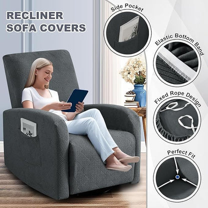 JIVINER Small Recliner Chair Covers, 3 Piece Slipcovers for Large Recliner Chair Soft Jacquard Reclining Chair Protector Slipcovers for Dogs,Cats (Recliner Small, Dark Gray)