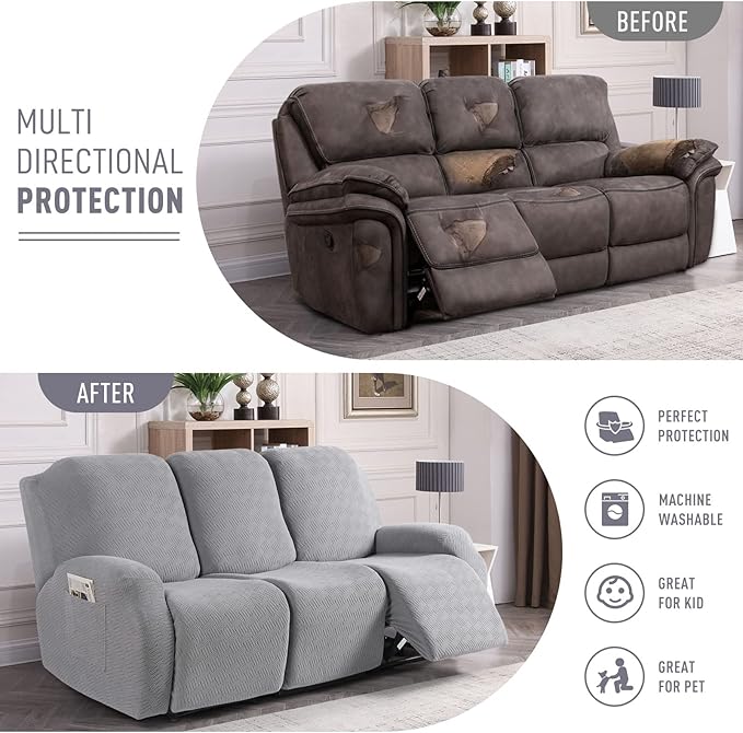 KinCam Recliner Covers, Stretch Reclining Chair Covers, Recliner Sofa Slipcovers Stripe Jacquard Recliner Couch Covers Furniture Protector Covers for Pet Kid (3 Seater, Silver Gray)
