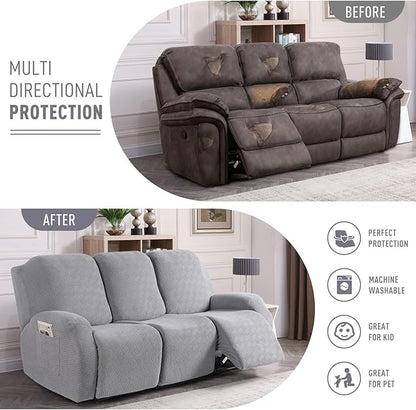 KinCam Recliner Covers, Stretch Reclining Chair Covers, Recliner Sofa Slipcovers Stripe Jacquard Recliner Couch Covers Furniture Protector Covers for Pet Kid (3 Seater, Silver Gray)