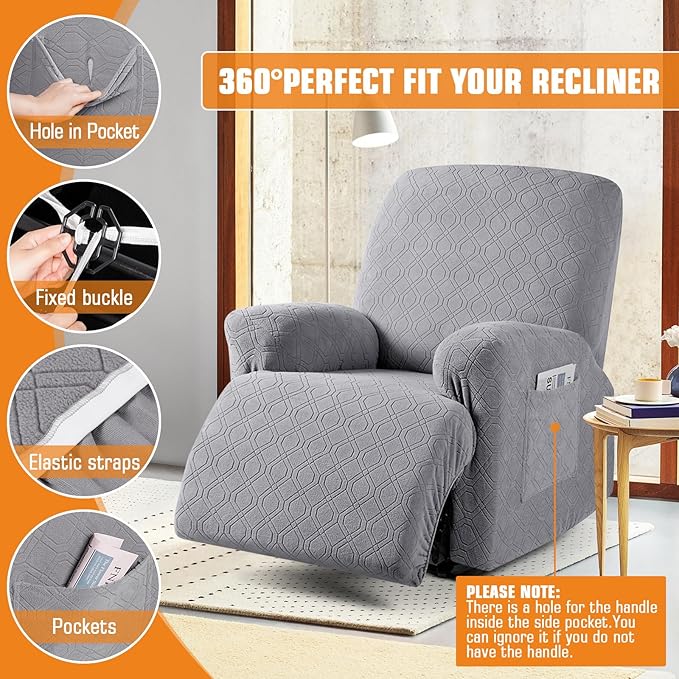 VANSOFY Oversized Recliner Chair Cover, 4-Pieces Stretch Recliner Covers for Recliner Chair Soft Reclining Chair Slipcover Jacquard Pattern Furniture Protector for Dogs Cats(Light Gray)