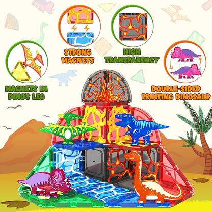 Coodoo Dinosaur Toys Magnetic Tiles Lava Dinosaur World Set - Magnetic Blocks Building for Kids 3-5 5-7 Girls Boys Toy Age 4-6 6-8, Classroom Must Haves Toddler Sensory for 3+ Year Old Kids Toys