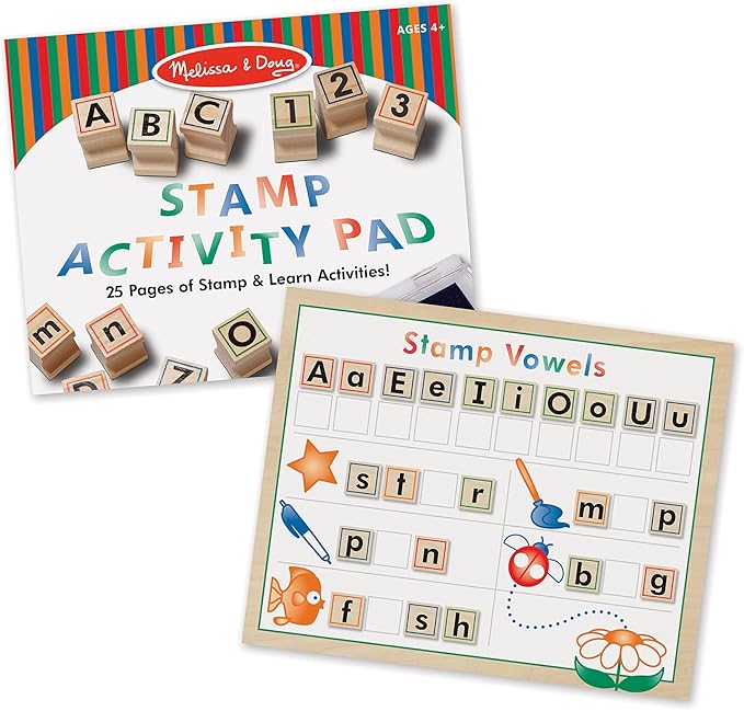 Melissa & Doug Deluxe Letters and Numbers Wooden Stamp Set ABCs 123s With Activity Book, 4-Color Stamp Pad ABC Stamps, Kids Arts & Crafts, Letter Stamps, For Kids Ages 4+ - FSC-Certified