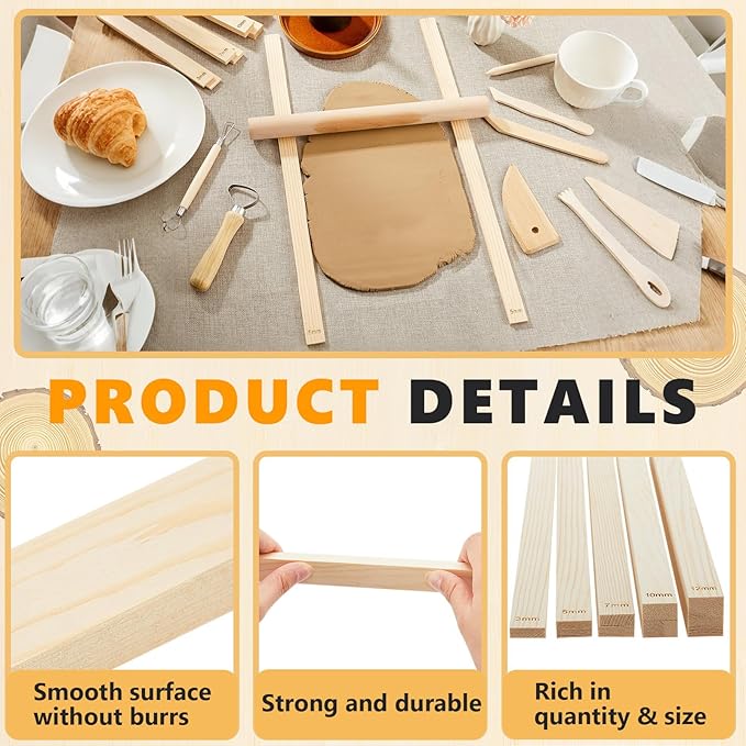Sasylvia 10 Pcs Pottery Rolling Pin Guides Wood Teaching Rolling Mud Stick Guide Set Polymer Clay Depth Guide Pottery Tools Clay Mudboard Tools (5 Size Lengthen,Wood Color)