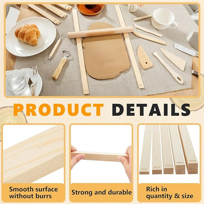 Sasylvia 10 Pcs Pottery Rolling Pin Guides Wood Teaching Rolling Mud Stick Guide Set Polymer Clay Depth Guide Pottery Tools Clay Mudboard Tools (5 Size Lengthen,Wood Color)