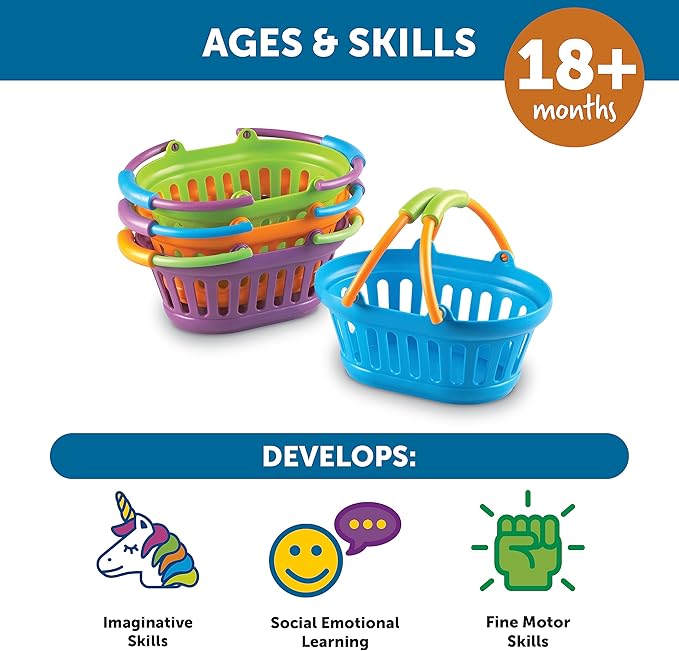 Learning Resources New Sprouts Stack of Baskets - 4 Pieces, Ages 18 mos+ Toddler Pretend Play Toys, Play Grocery Basket, Perfect for Easter Baskets