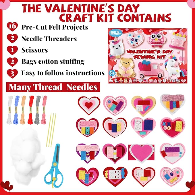 16 Sets Valentine's Day DIY Stuffed Craft Kit Heart Sewing Kit Valentines Day DIY Sewing Set for Beginners Heart Educational Gift Set for Boys and Girls Valentines Felt Ornaments Decoration for kids