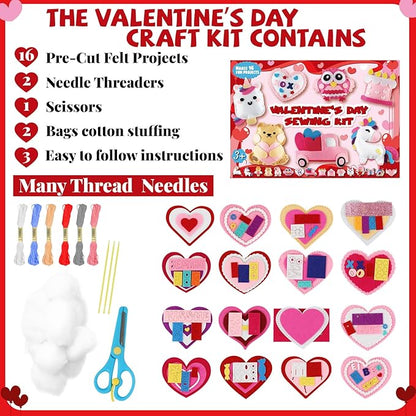 16 Sets Valentine's Day DIY Stuffed Craft Kit Heart Sewing Kit Valentines Day DIY Sewing Set for Beginners Heart Educational Gift Set for Boys and Girls Valentines Felt Ornaments Decoration for kids