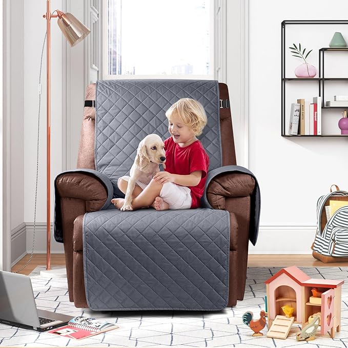 KinCam 100% Waterproof Recliner Chair Cover, Reclining Couch Covers for Pets, Dogs, Recliner Couch Slipcover Furniture Protector with Elastic Straps for Kids(28", Dark Gray)