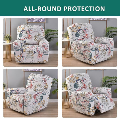 NILUOH Stretch Recliner Cover 4 Pieces Printed Lazy Boy Chair Covers Floral Patterned Recliner Sofa Slipcover Anti-Slip Fitted Furniture Protector with Elastic Bottom, A2