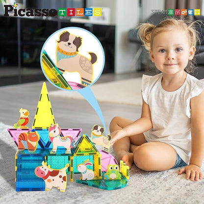 PicassoTiles Magnet Tile Building Blocks 8 Magnetic Farm Animal Action Figures Characters Construction Tiles Compatible Pretend Play Preschool Toy STEM Education Learning Girls Boys Ages 3+ PTA27