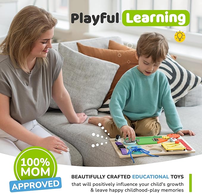 deMoca Sensory Busy Board for Toddlers, Premium Wooden Toddler Busy Board for 1 2 3 Year Old with 10 Educational Activities for Fine Motor Skills, Fidget Activity Toy for Travel